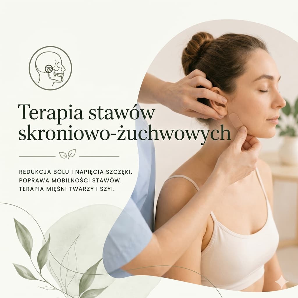 Obrazek: Terapia Stawów Skroniowo-Żuchwowych w Ząbkach, fizjoterapeuta wykonuje zabieg na twarzy pacjentki, redukcja bólu szczęki.