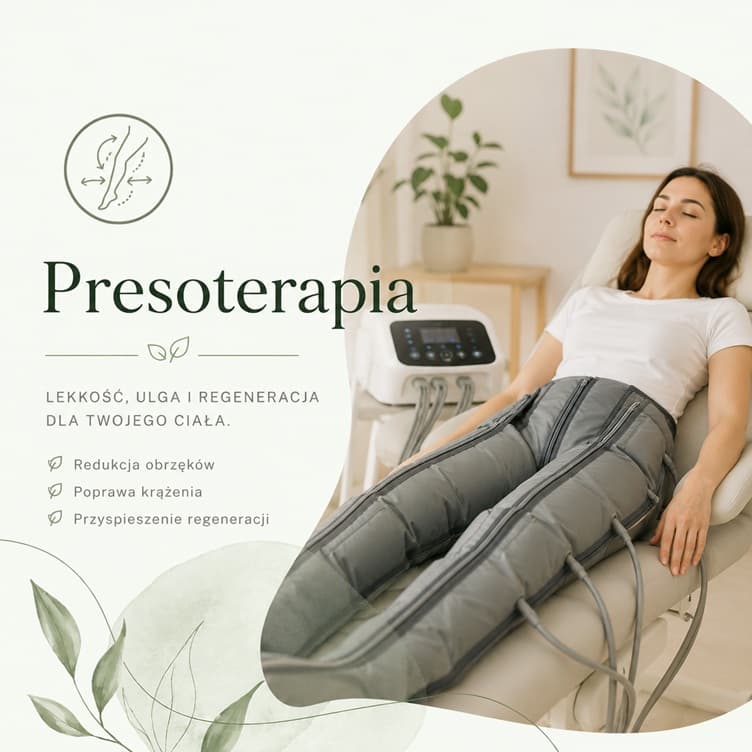 Obrazek: Presoterapia w Ząbkach, pacjentka korzysta z urządzenia do drenażu limfatycznego na nogi, redukcja obrzęków, lekkość nóg.